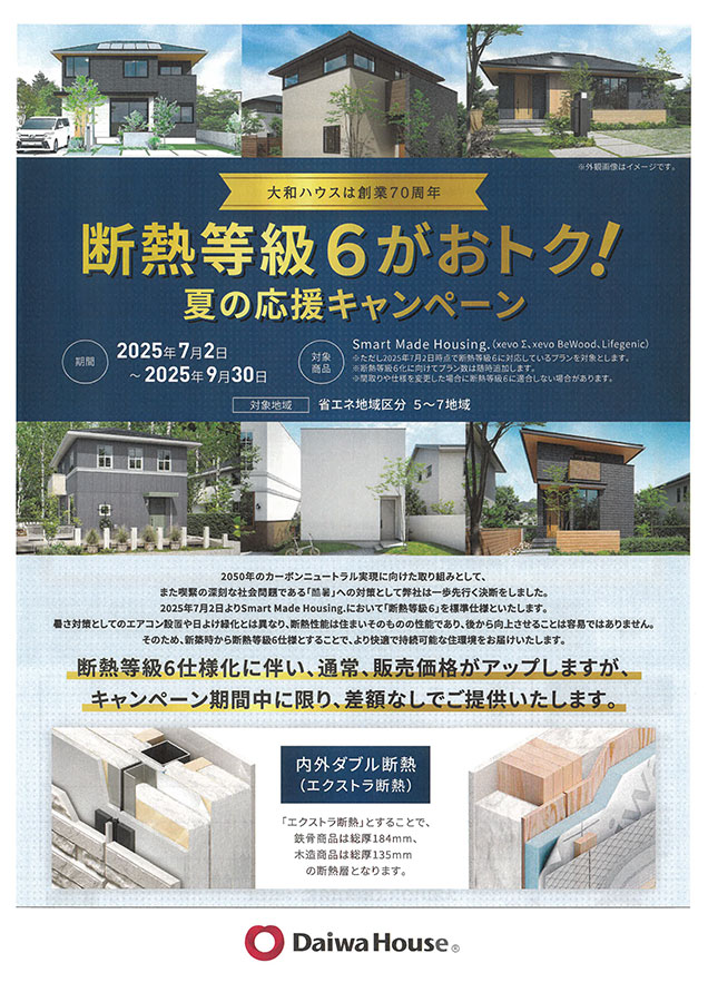 夏の応援キャンペーン！<br>断熱等級6がおトク！！